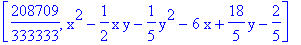 [208709/333333, x^2-1/2*x*y-1/5*y^2-6*x+18/5*y-2/5]